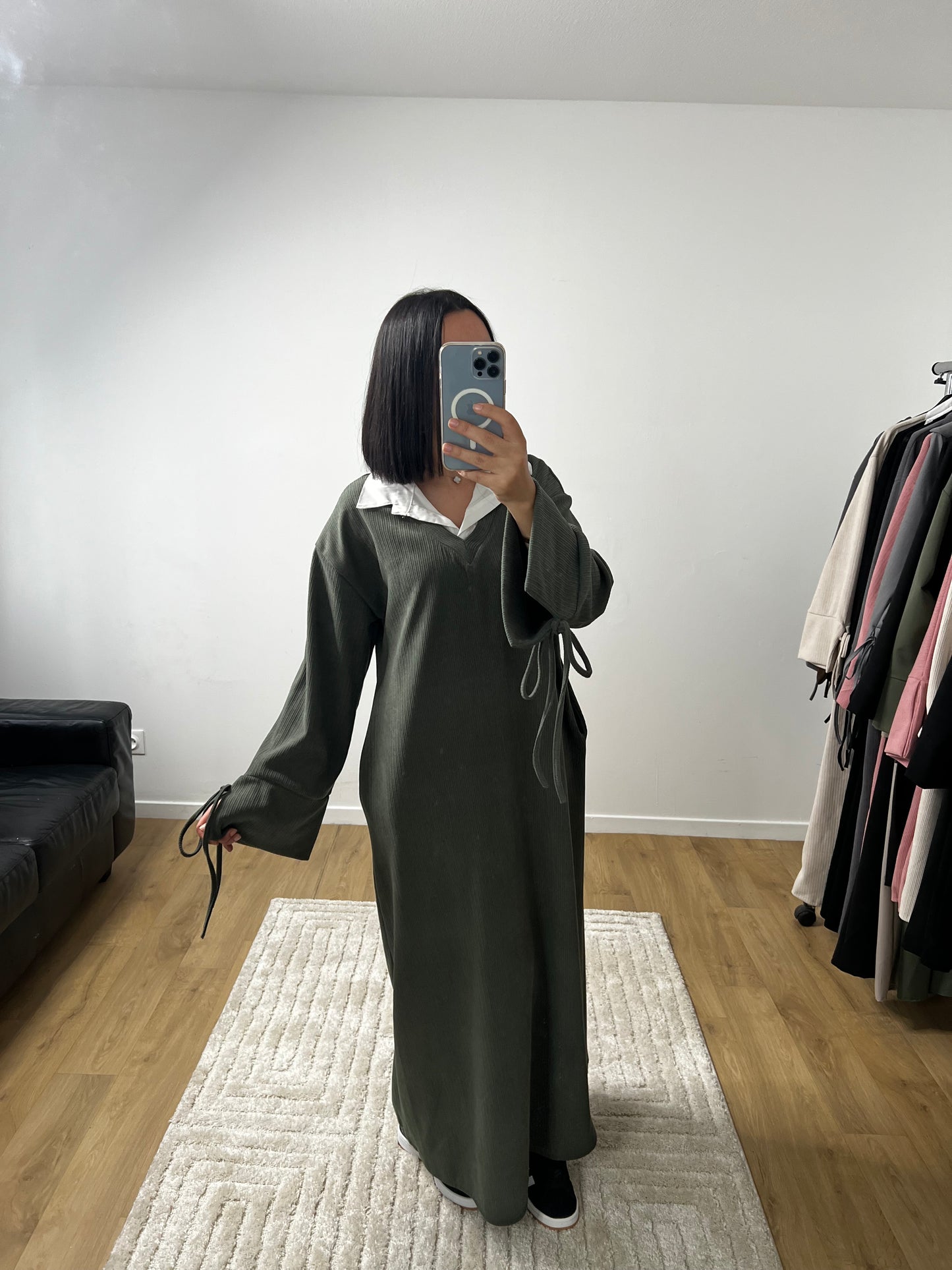 Robe Longue En velours côtelé Col Chemise