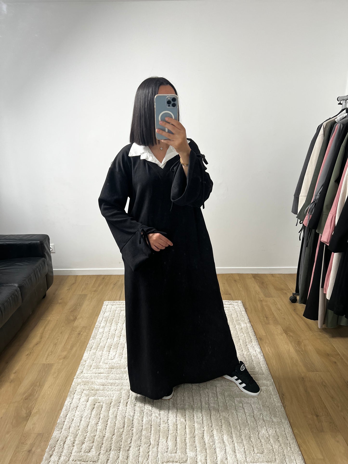 Robe Longue En velours côtelé Col Chemise