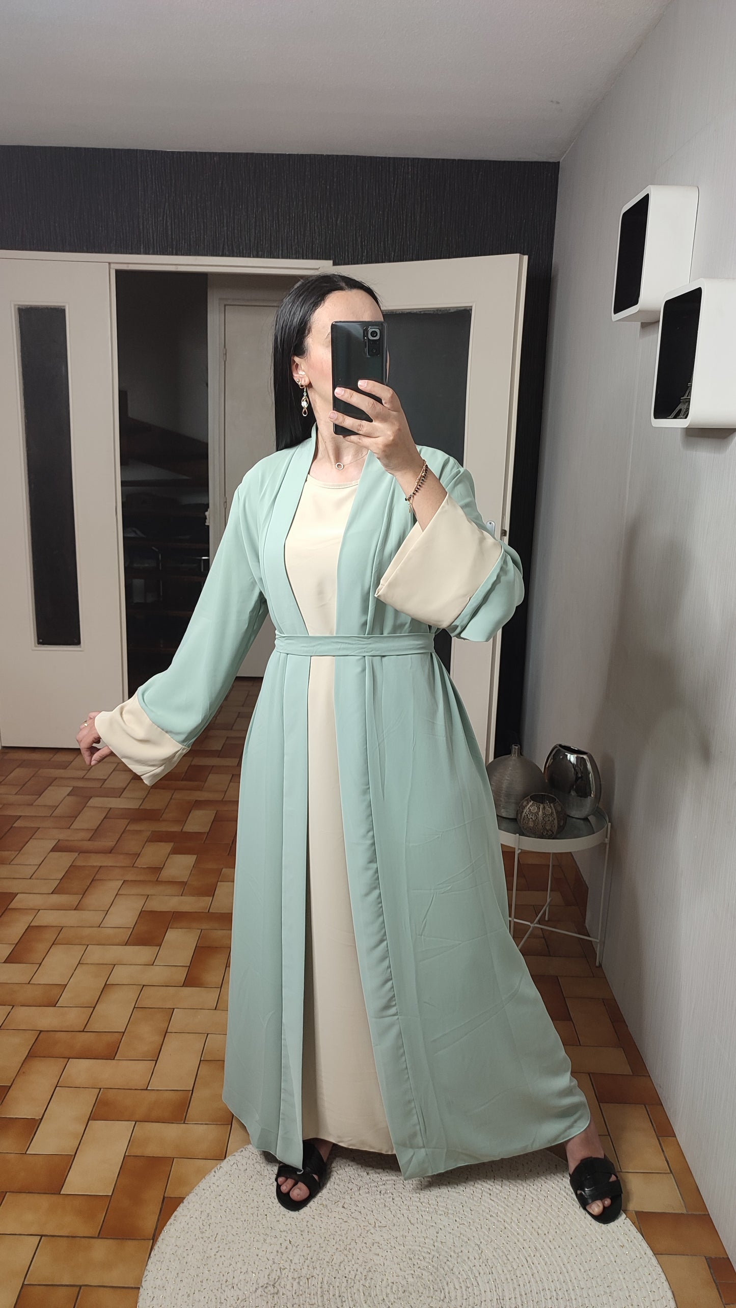 Abaya Kimono Long, Cardigan, Robe Sans Manches En Soie, Avec Ceinture