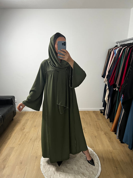 Abaya Robe en Soie de Médine Coutures Dorées avec Foulard