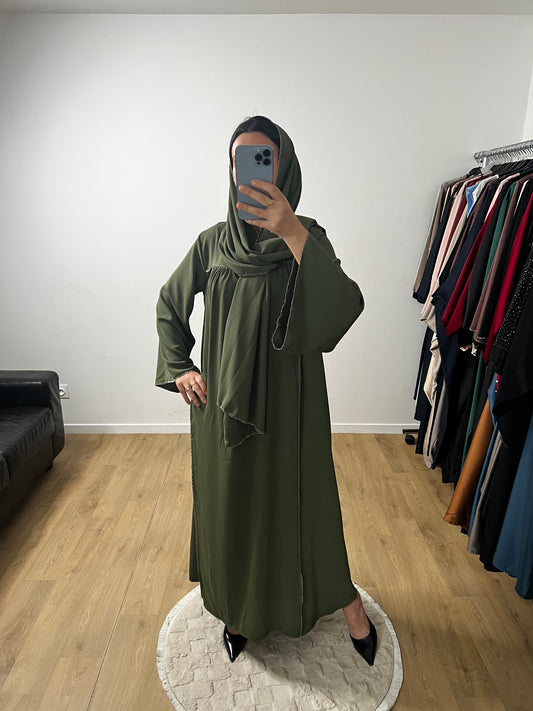 Abaya Robe en Soie de Médine Coutures Dorées avec Foulard