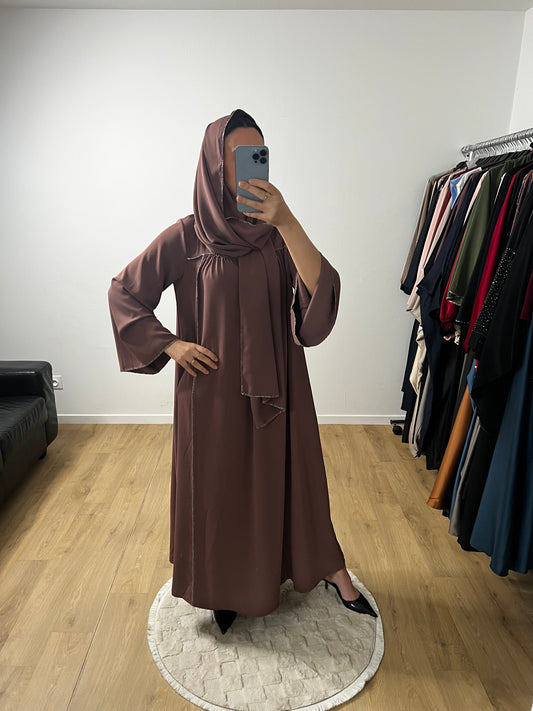 Abaya Robe en Soie de Médine Coutures Dorées avec Foulard
