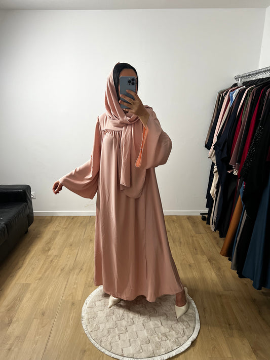 Abaya Robe en Soie de Médine Coutures Dorées avec Foulard