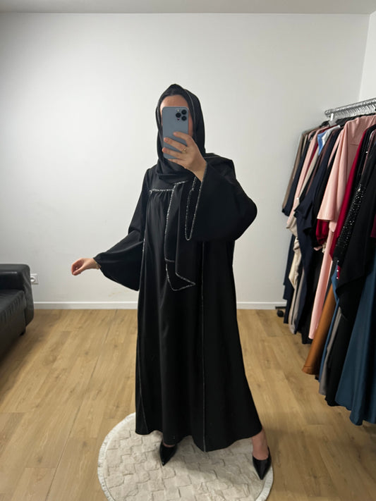 Abaya Robe en Soie de Médine Coutures Dorées avec Foulard