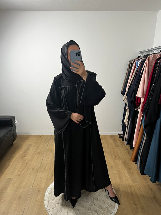 Abaya Robe en Soie de Médine Coutures Dorées avec Foulard